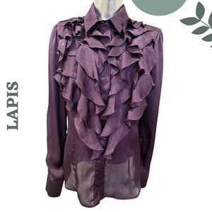 🛍️3/$40 Lapis Plum Ruffle Front Sheer Blouse Long Sleeve Size Large